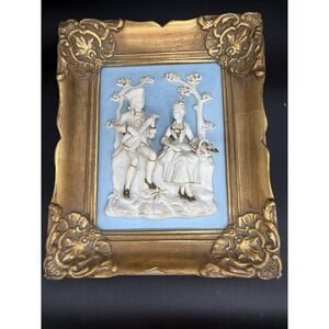 Vintage 1960 Bisque Porcelain 3D Wall Plates -Courting Couple-Ornate Gold Frames